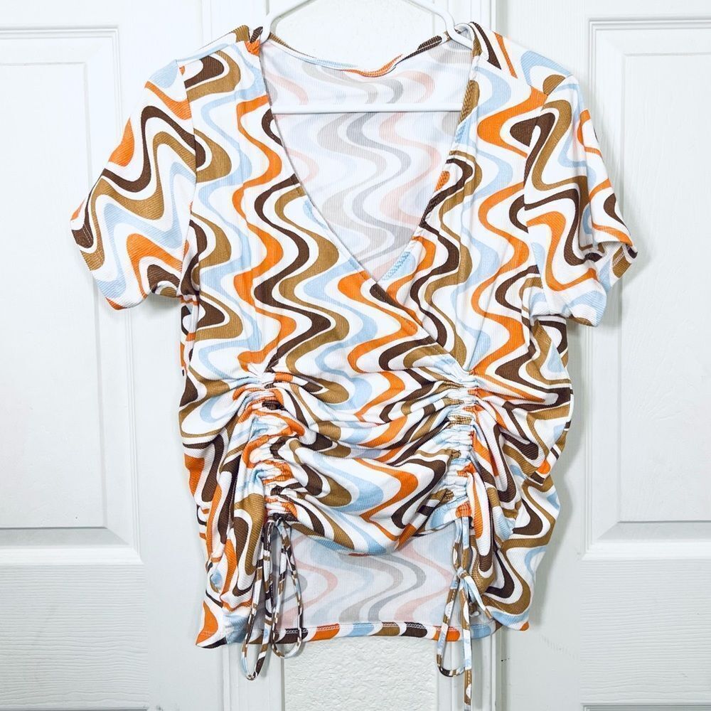 Funky Retro 70’s Top White Blue Brown Orange Geo Stripes Ribbed Short Sleeve XL